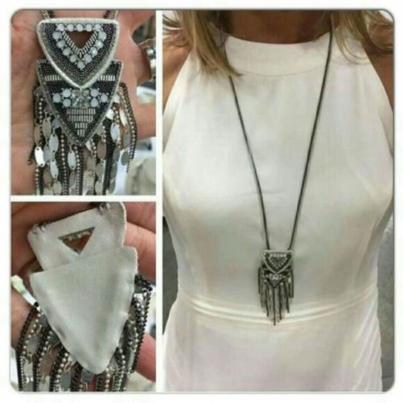 Stella & Dot Chiara Pendant Necklace Coastal Cowgirl Silver Fringe White Leather - Picture 11 of 11